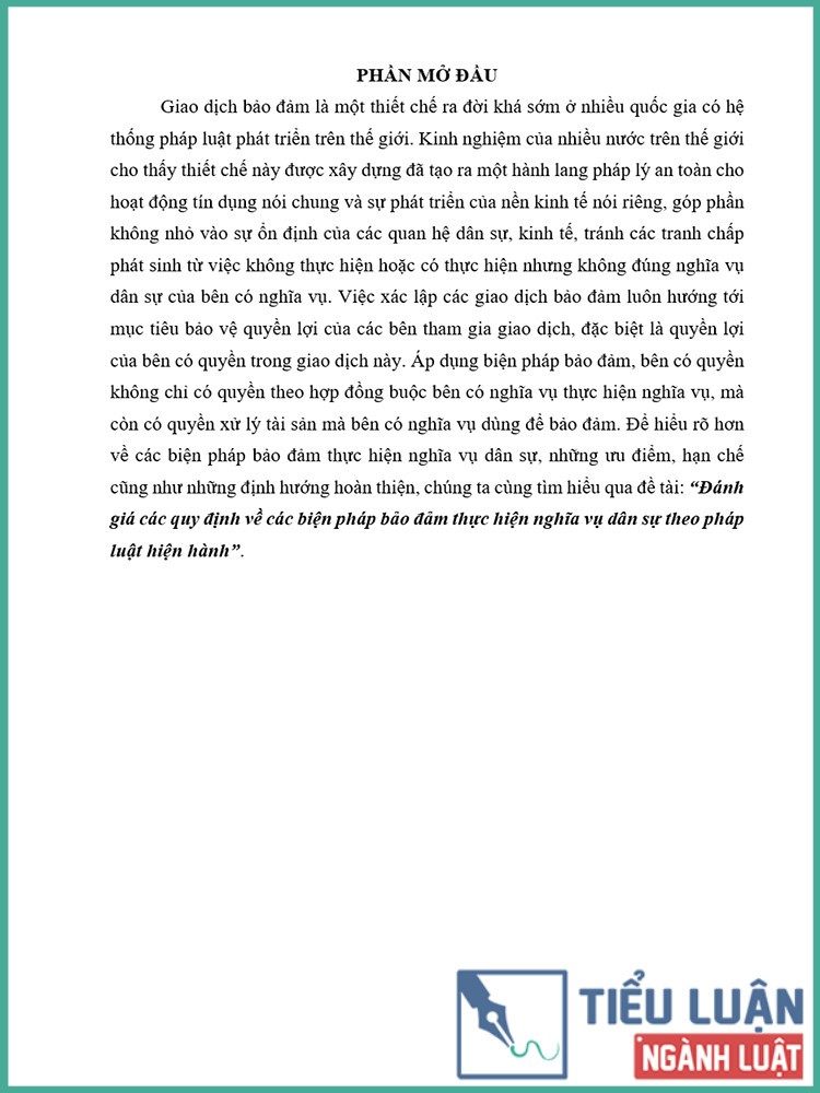 [Tiểu luận 2021] Đánh giá các quy định về các biện pháp bảo đảm thực hiện nghĩa vụ dân sự theo pháp luật hiện hành