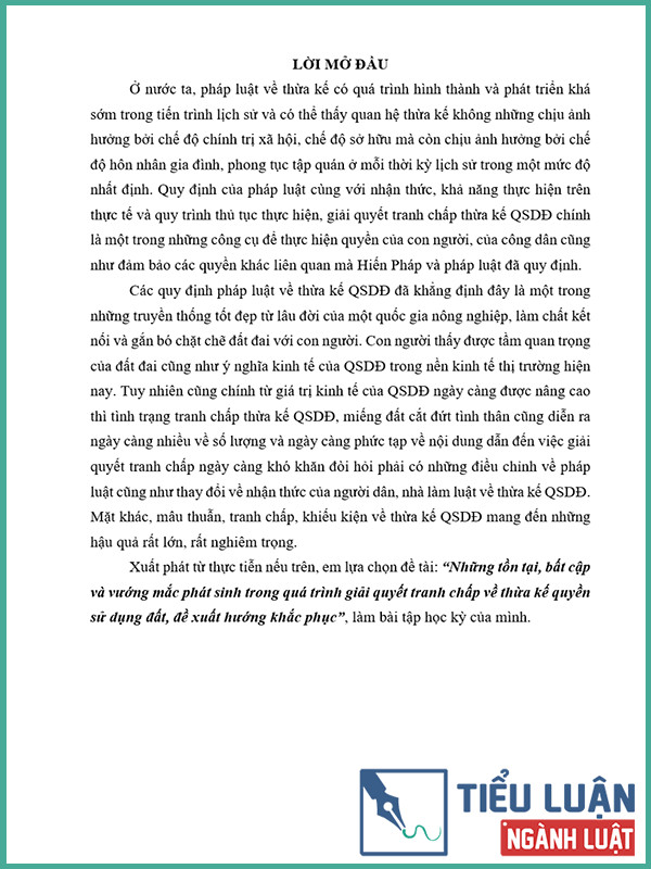 [Tiểu luận 2022] Những tồn tại, bất cập và vướng mắc phát sinh trong quá trình giải quyết tranh chấp về thừa kế quyền sử dụng đất, đề xuất hướng khắc phục
