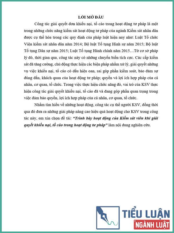 [Tiểu luận 2021] Trình bày hoạt động của Kiểm sát viên khi giải quyết khiếu nại, tố cáo trong hoạt động tư pháp
