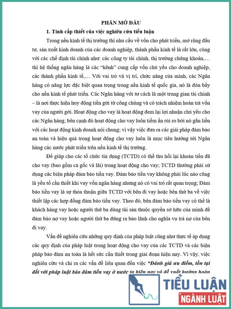 [Tiểu luận 2021] Đánh giá ưu điểm, tồn tại đối với pháp luật bảo đảm tiền vay ở nước ta hiện nay và đề xuất hướng hoàn thiện