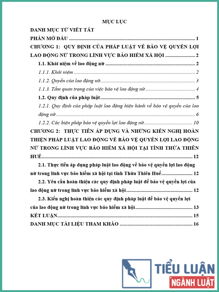 [Tiểu luận 2021] Pháp luật về bảo vệ quyền của lao động nữ trong lĩnh vực bảo hiểm xã hội, qua thực tiễn áp dụng tại tỉnh Thừa Thiên Huế