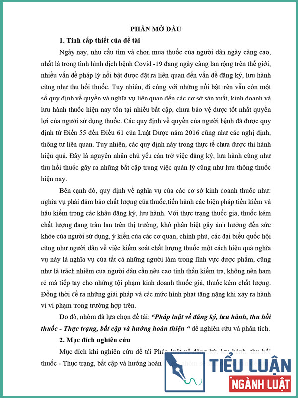 [Tiểu luận 2022] Pháp luật về đăng ký, lưu hành, thu hồi thuốc - Thực trạng, bất cập và hướng hoàn thiện