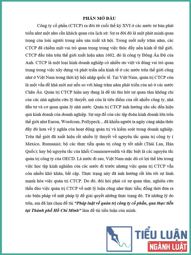 [Tiểu luận 2021] Pháp luật về quản trị công ty cổ phần, qua thực tiễn tại Thành phố Hồ Chí Minh