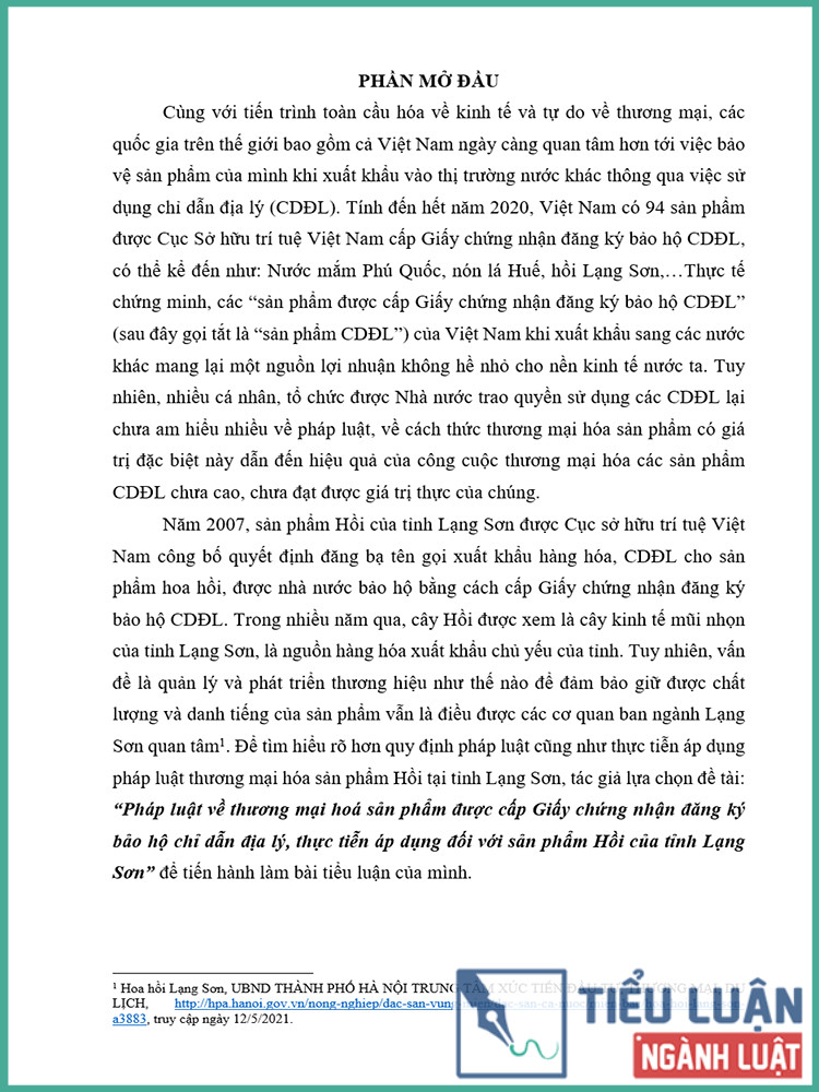 [Tiểu luận 2021] Pháp luật về thương mại hoá sản phẩm được cấp Giấy chứng nhận đăng ký bảo hộ chỉ dẫn địa lý, thực tiễn áp dụng đối với sản phẩm Hồi của tỉnh Lạng Sơn