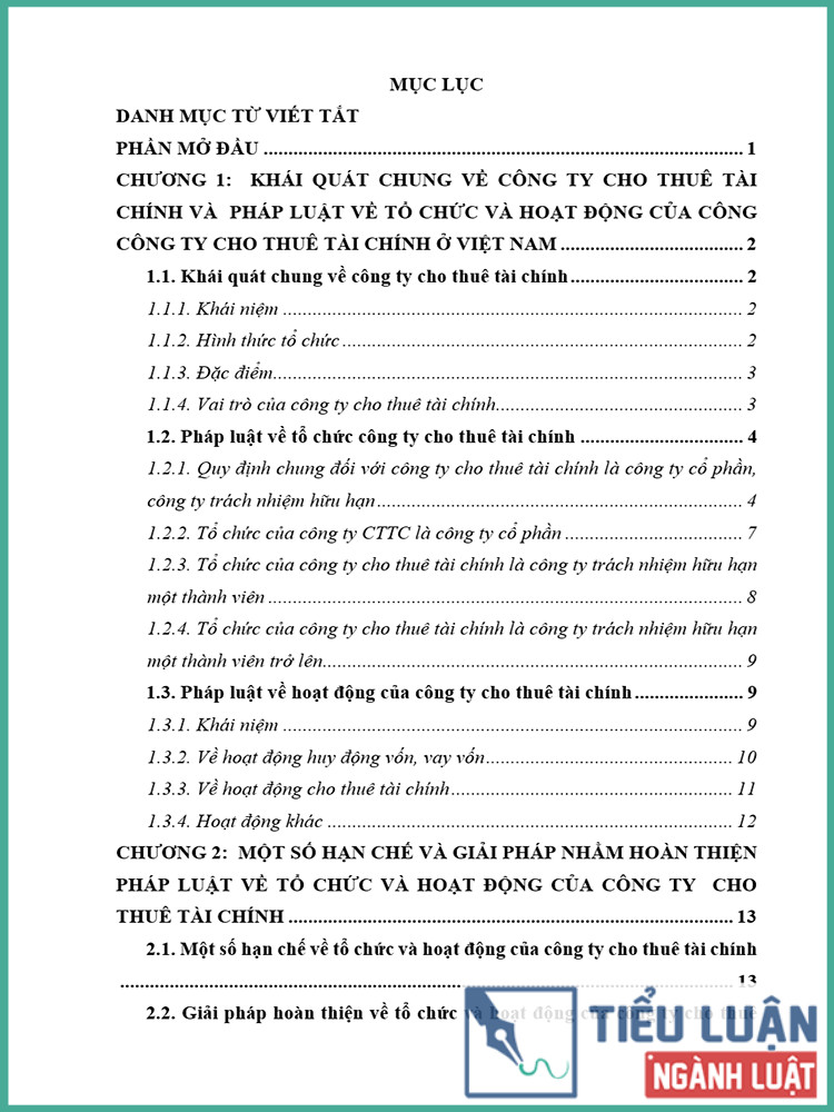 [Tiểu luận 2021] Pháp luật về tổ chức và hoạt động của công ty cho thuê tài chính - Một số hạn chế và giải pháp hoàn thiện