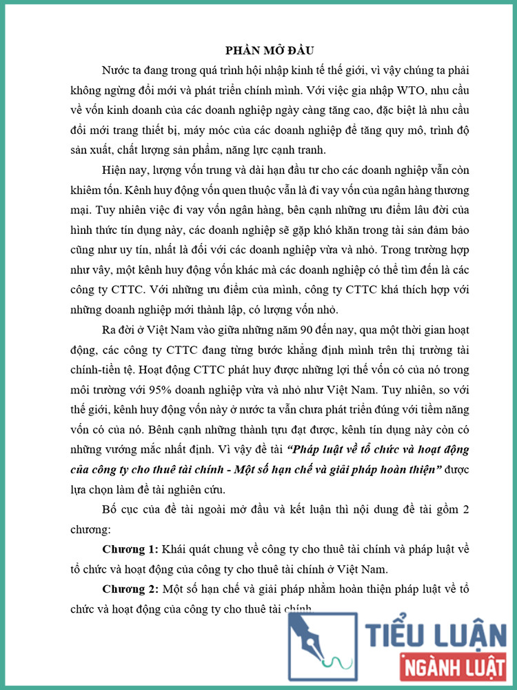 [Tiểu luận 2021] Pháp luật về tổ chức và hoạt động của công ty cho thuê tài chính - Một số hạn chế và giải pháp hoàn thiện