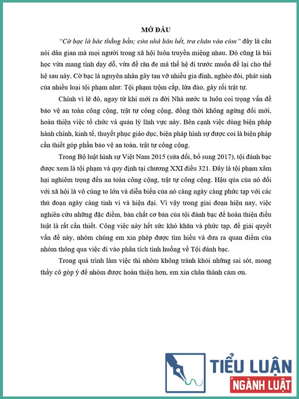[Tiểu luận 2022] Lý luận về Tội đánh bạc. Liên hệ giải quyết tình huống?