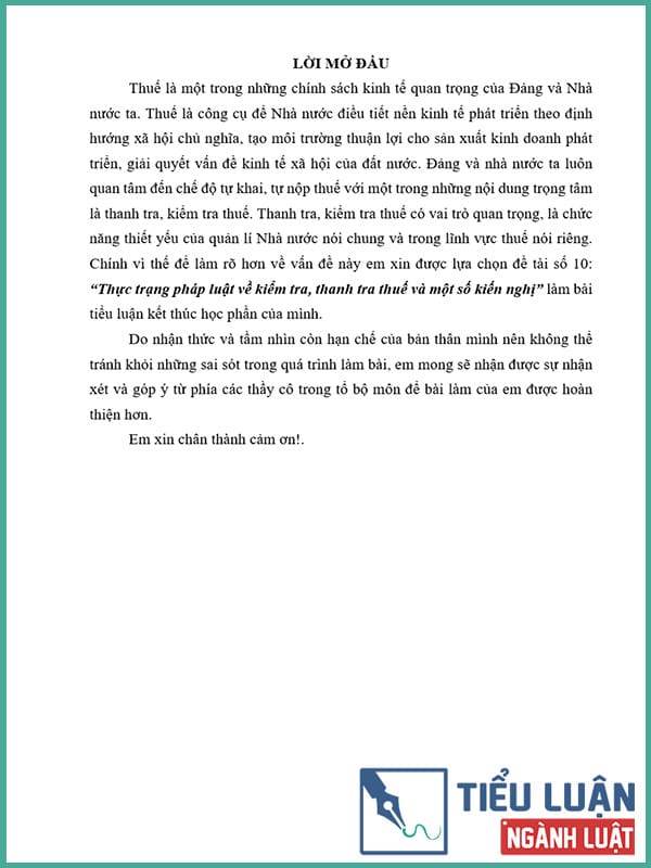 [Tiểu luận 2022] Thực trạng pháp luật về kiểm tra, thanh tra thuế và một số kiến nghị