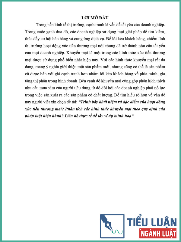 [Tiểu luận 2022] Trình bày khái niệm và đặc điểm của hoạt động xúc tiến thương mại? Phân tích các hình thức khuyến mại theo quy định của pháp luật hiện hành? Liên hệ thực tế để lấy ví dụ minh hoạ?
