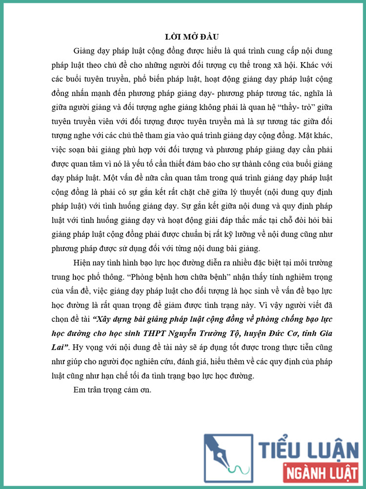 [Tiểu luận 2021] Xây dựng bài giảng pháp luật cộng đồng về phòng chống bạo lực học đường cho học sinh THPT Nguyễn Trường Tộ, huyện Đức Cơ, tỉnh Gia Lai
