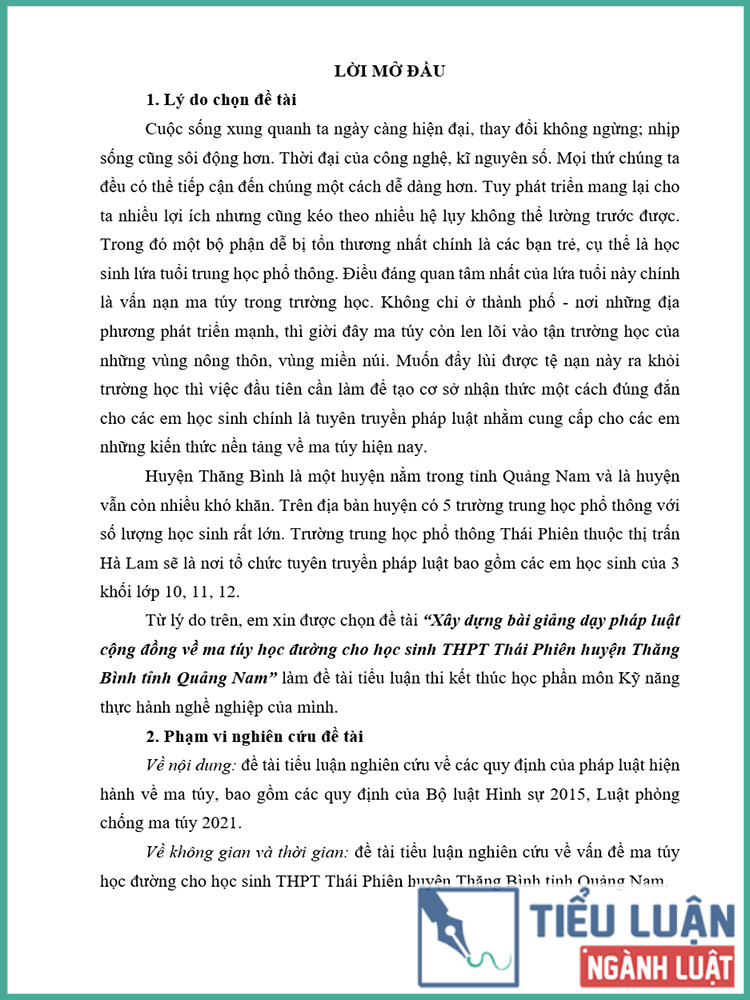 [Tiểu luận 2021] Xây dựng bài giảng dạy pháp luật cộng đồng về ma túy học đường cho học sinh THPT Thái Phiên, huyện Thăng Bình, tỉnh Quảng Nam