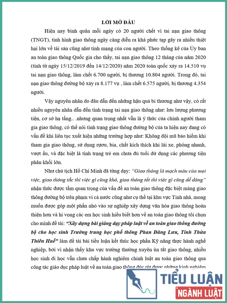 [Tiểu luận 2021] Xây dựng bài giảng dạy pháp luật về an toàn giao thông đường bộ cho học sinh Trường trung học phổ thông Phan Đăng Lưu, Tỉnh Thừa Thiên Huế