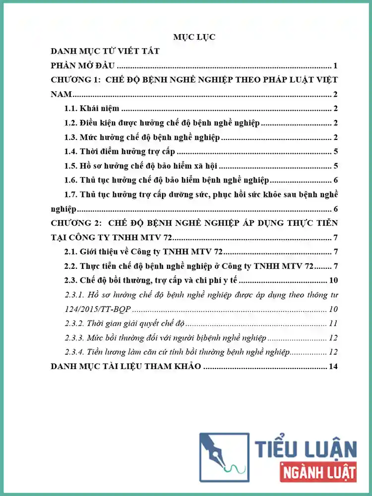 [Tiểu luận 2021] Chế độ bệnh nghề nghiệp theo pháp luật Việt Nam qua thực tiễn áp dụng tại Công ty TNHH MTV 72