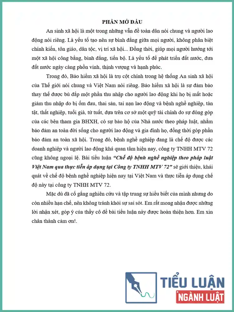 [Tiểu luận 2021] Chế độ bệnh nghề nghiệp theo pháp luật Việt Nam qua thực tiễn áp dụng tại Công ty TNHH MTV 72