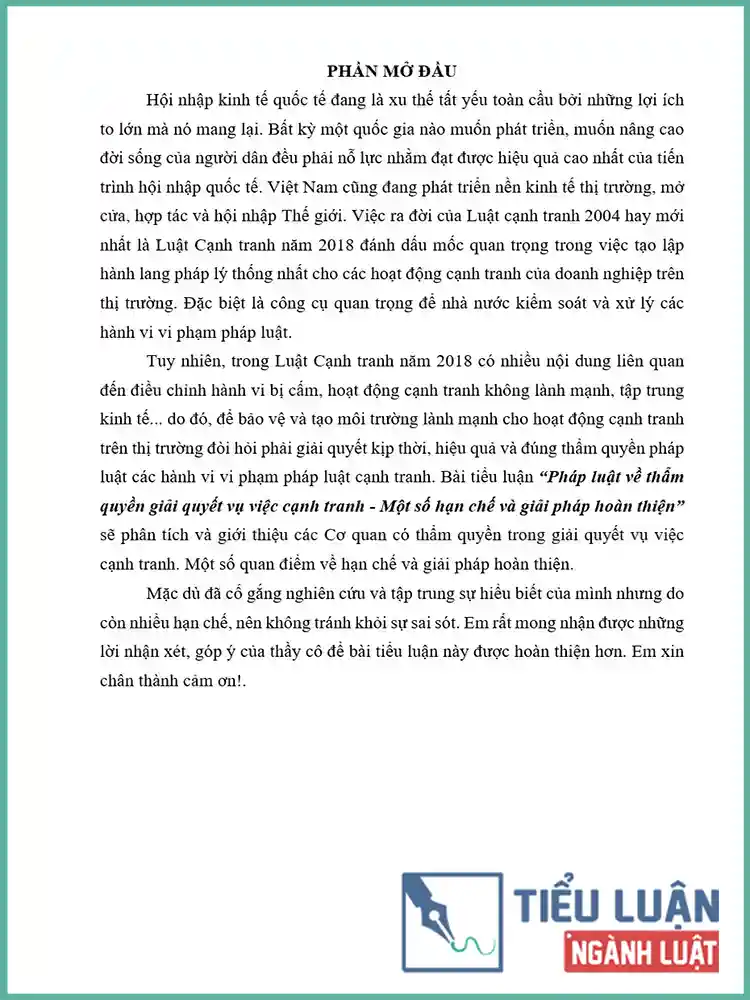 [Tiểu luận 2021] Pháp luật về thẩm quyền giải quyết vụ việc cạnh tranh - Một số hạn chế và giải pháp hoàn thiện