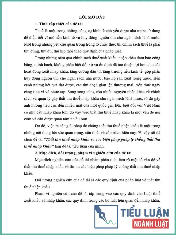 [Tiểu luận 2021] Thất thu thuế nhập khẩu và các biện pháp pháp lý chống thất thu thuế nhập khẩu