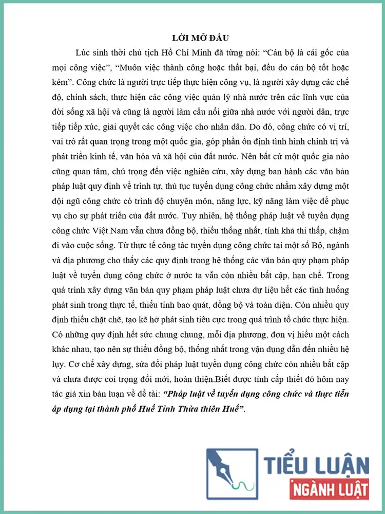 [Tiểu luận 2021] Pháp luật về tuyển dụng công chức và thực tiễn áp dụng tại thành phố Huế, tỉnh Thừa thiên Huế
